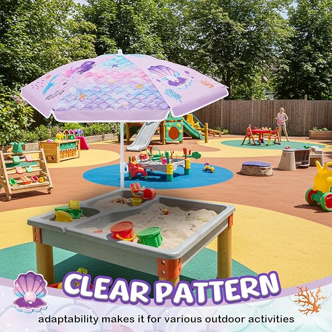 Sweetude Water Table Umbrella (Table Not Included) Kids Seaside Beach Umbrella Picnic Canopy for Summer Toddlers Sand Beach Camping Garden Outdoor Pool Shade Party Supply(Mermaid Theme)