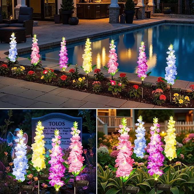 KOOPER Solar Lights Outdoor Garden Decor 8 Pack Upgraded Delphinium Solar Garden Lights with 72 LEDs Vivid Flowers Outdoor Waterproof for Landscape Patio Yard Decor