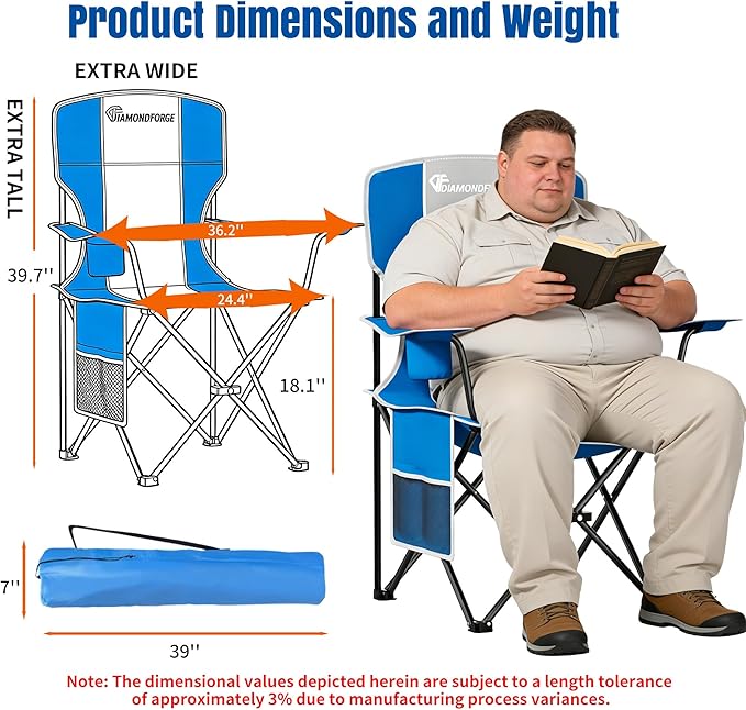 Oversized Folding Camping Chair 500lbs Bearing Capacity Portable Lawn Camping Chair for Adult Outdoor Camping Chair with Wider Cup Holder and Side Pocket for Hiking Fishing Sports