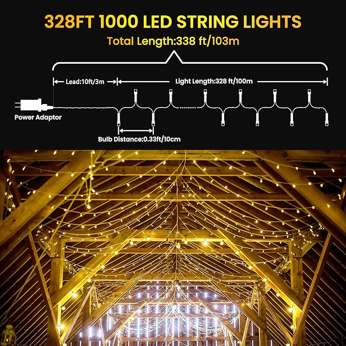 338Ft Christmas Lights Outdoor 1000 LED Christmas String Lights with 8 Modes Timer Waterproof Fairy Twinkle Lights for Party Garden Wedding Holiday Weddings Xmas Tree Decorations (Warm White)
