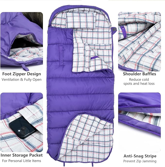 BISINNA Flannel XXL Sleeping bag (90.55x39.37) Wearable Sleeping Bag for Alults 3 Season with Pillow Compressdin Sack for Hiking Camping Backpacking Outdoor