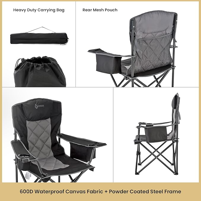ARROWHEAD OUTDOOR 2-Pack Portable Folding Camping Quad Chair w/ 6-Can Cooler Cup &amp Wine Glass Holders Heavy-Duty Carrying Bag Padded Armrests Headrest &amp Seat Supports up to 550lbs