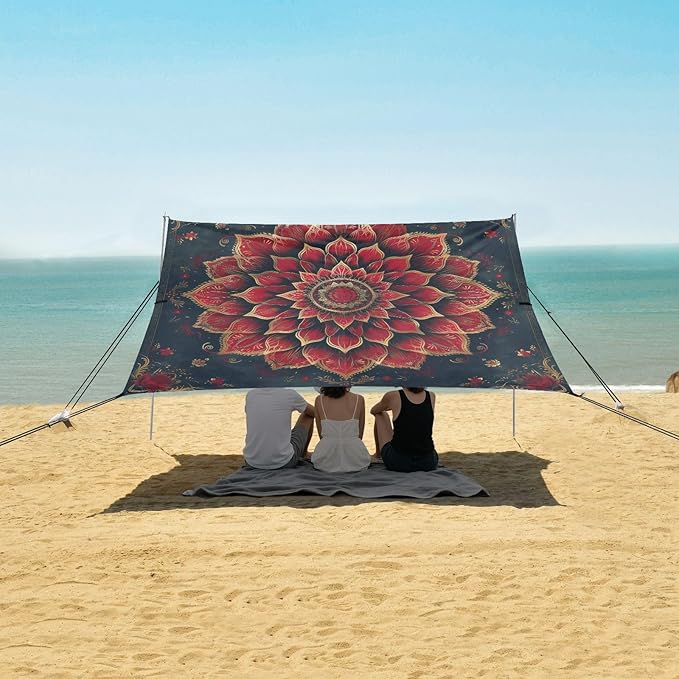 Mandala in Red Beach Tent Sun Shelter 9.2' x 10.5' Beach Canopy with 4 Sandbags 4 Stability Poles Sand Shovels - Tent Canopy for Beach Camping Fishing Picnics