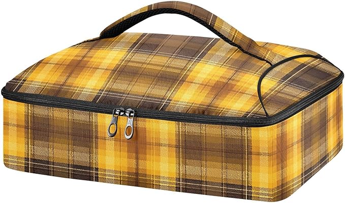 Casserole Carrier Yellow and Brown Tartan Insulated Casserole Carrier for Hot or Cold Food Thermal Lunch Tote for Parties Picnic Travel Carry Bag