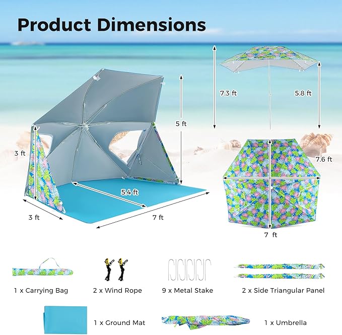 GYMAX Beach Umbrella Tent 2-in-1 Pop up Beach Tent UPF50+ with Carrying Bag Groundsheet Side Panels Sun Shelter for Outdoor Camping