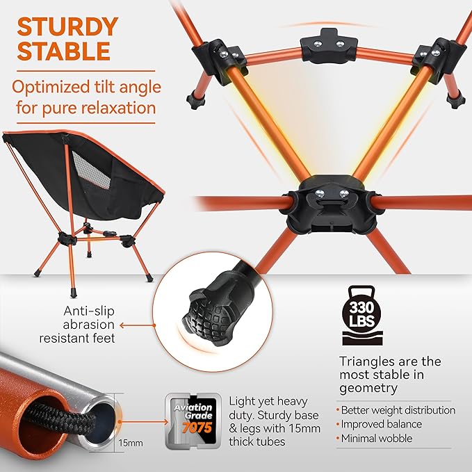 MARCHWAY Lightweight Folding Camping Chair Portable Foldable Compact for Outdoor Camp Travel Beach Picnic Festival Hiking Backpacking Supports 330Lbs (Orange)