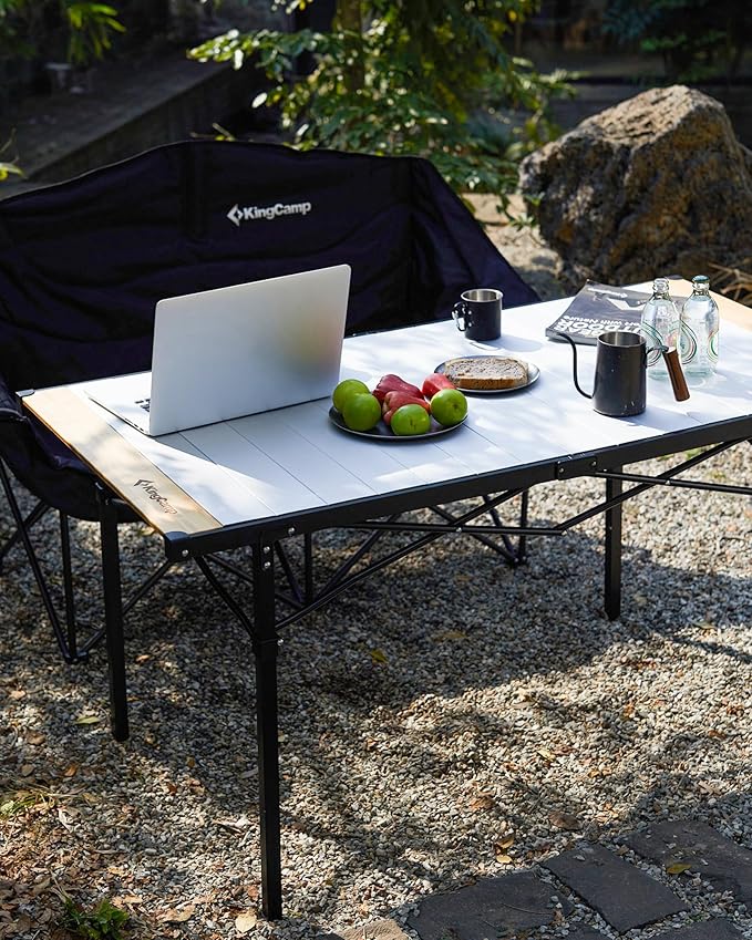 KingCamp Oversized Camping Folding Chair Heavy Duty 450 LBS with Lumbar Support&ampFolding Camping Table Aluminum Roll-Up Camp Table
