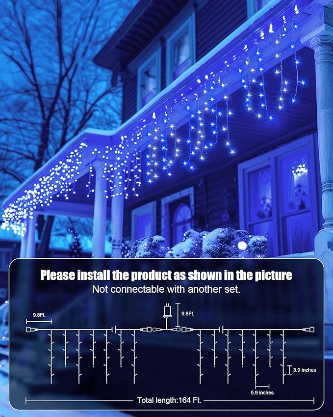 Minetom Icicle Lights for Outside 164Ft 1344 LED with 252 Drops Remote and Timer Outdoor Christmas Lights for House Roof Blue and White