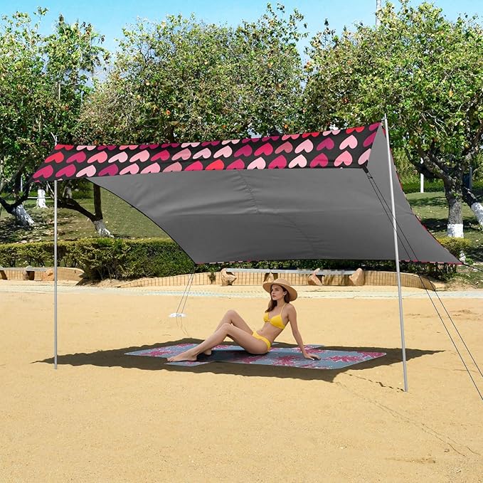 Love Pink Red Pattern Camping Sun Shelter Beach Tent Portable Beach Sun Shade Outdoor Canopy for Camping Trips Fishing Picnic