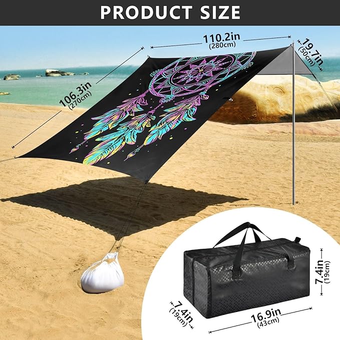 ALAZA Rainbow Dreamcatcher Boho Beach Tent Sun Shelter UPF50+ Protection Beach Shade Canopy w/ 4 Sandbags for Outdoor Camping Fishing Backyard Fun Picnic 10x9 ft