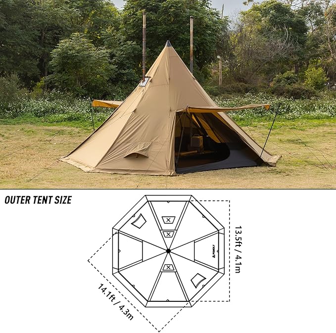 POMOLY Tipi Tent Camping Hot Tents Bromance 70 Pyramid with 3 Stove Jacks for 2-4 Person Hiking Hunting