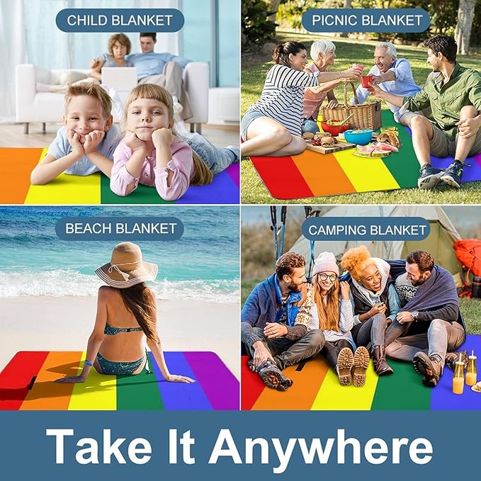 Rainbow Hearts Gay Pride Flag Colored Waterproof Outdoor Picnic Blanket Sandproof Beach Mat for Camping Hiking Grass Travelling