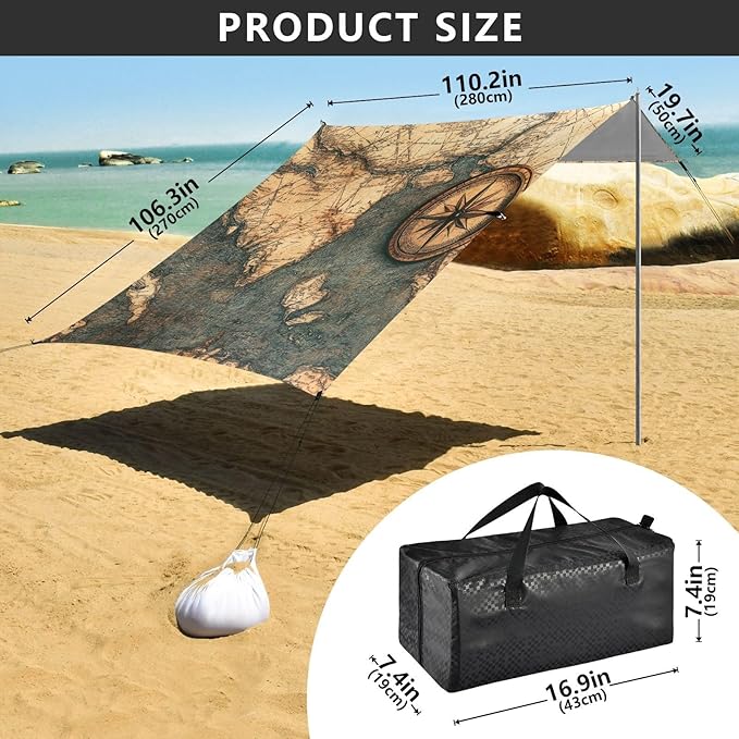 Beach Tent Sun Shelter Compass Map Lightweight &amp Easy Setup Beach Shade Canopy for Camping Fishing