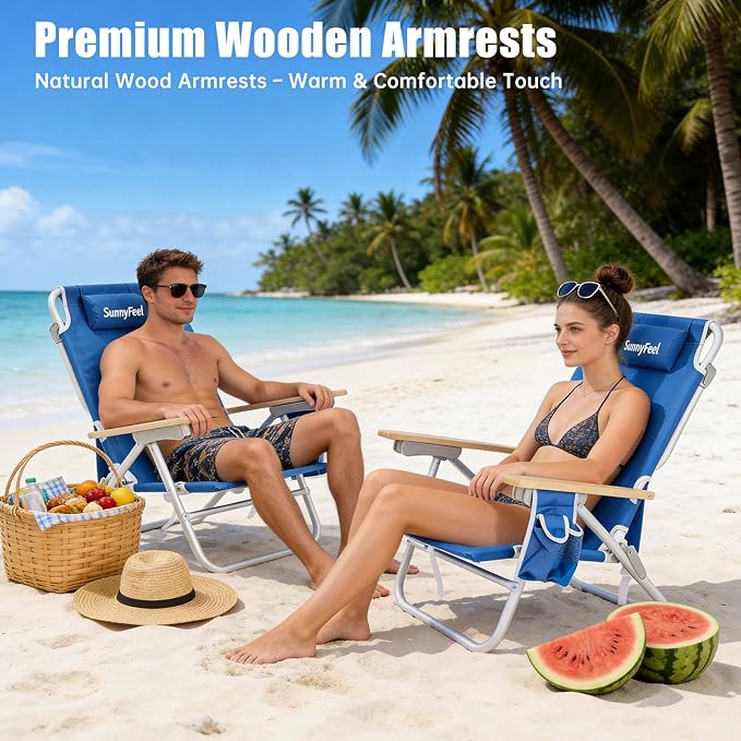 SUNNYFEEL Low Back Folding Beach Chair Aluminum Heavy Duty Beach Chair with 5-Position Portable Camping Chair for Adults with Wood Armrest Lightweight Camping Chair 300lbs Blue