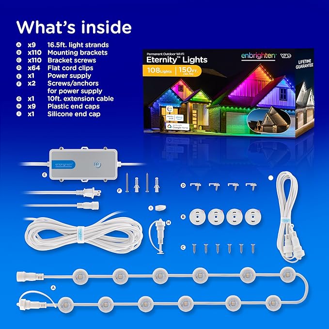Enbrighten Vibe Eternity Permanent Outdoor Lights for House 150ft 108 RGBWIC LEDs Close Spacing 33lm Color Changing Christmas Eave Lighting Smart App Works with Alexa Google Home 85102