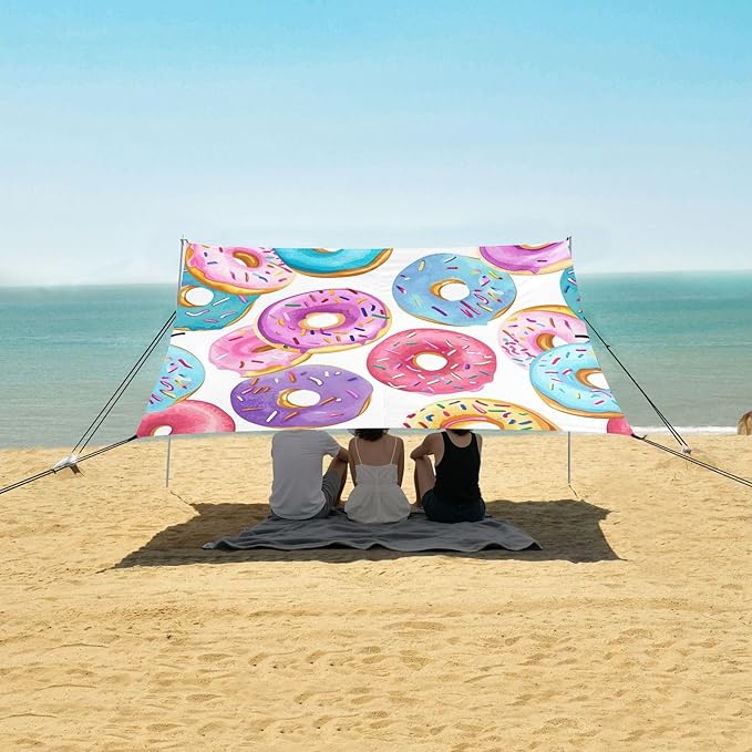 Colorful Donut Beach Tent Sun Shelter 9.2' x 10.5' Beach Canopy with 4 Sandbags 4 Stability Poles Sand Shovels - Tent Canopy for Beach Camping Fishing Picnics