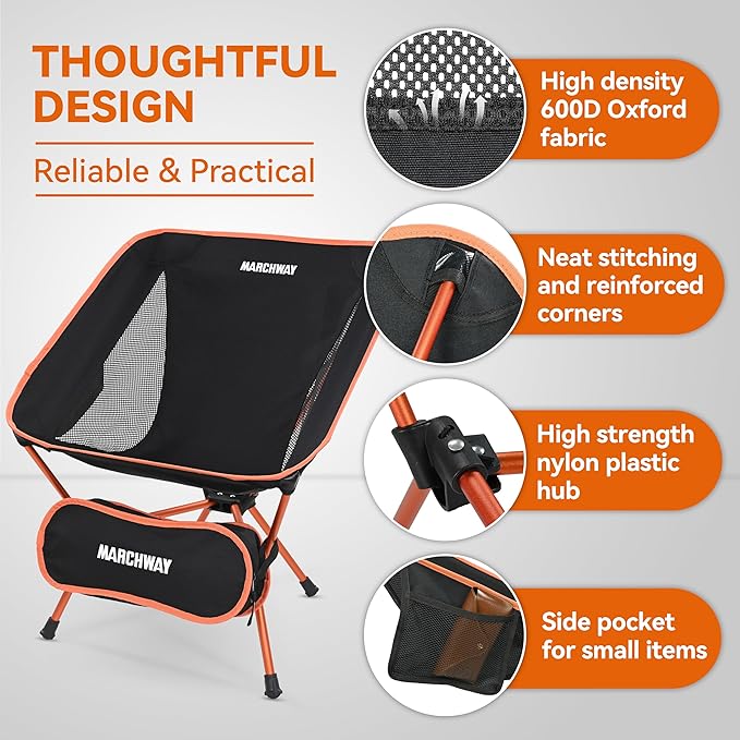MARCHWAY Lightweight Folding Camping Chair Portable Foldable Compact for Outdoor Camp Travel Beach Picnic Festival Hiking Backpacking Supports 330Lbs (Orange)