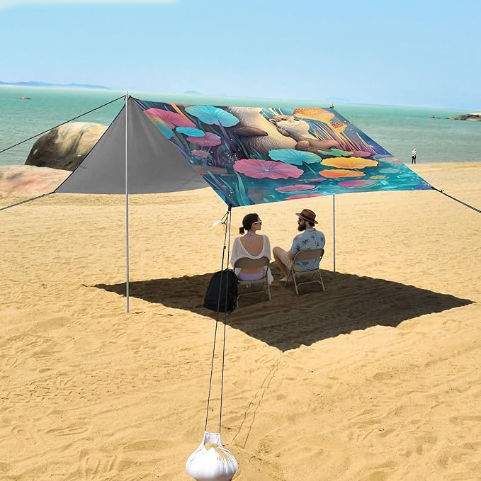 ALAZA Otter Rushroom Starry Beach Tent Sun Shelter UPF50+ Protection Beach Shade Canopy w/ 4 Sandbags for Outdoor Camping Fishing Backyard Fun Picnic 10x9 ft