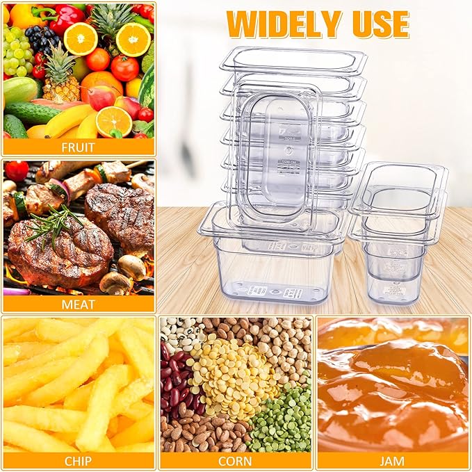 Mumufy 12 Packs Plastic Clear Food Pan 1/9 Size Deep Stackable Polycarbonate Pan with Capacity Indicator Restaurant Commercial Hotel Pans for Fruits Vegetables Beans Corns (4 Inch)