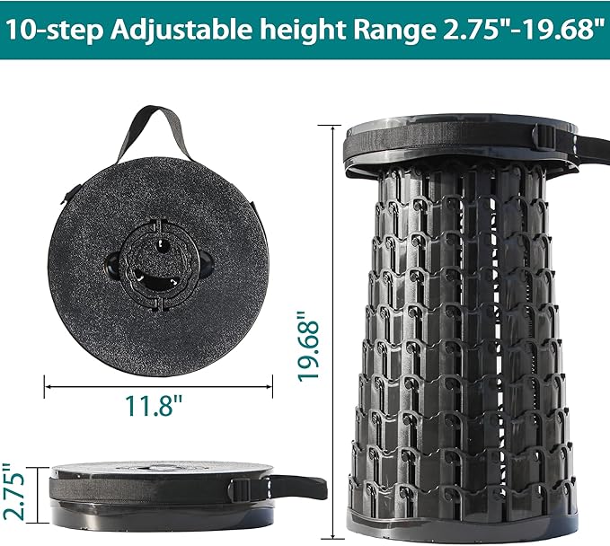ALEVMOOM 2025 XXL 19.7 Collapsible Stool with Cushion Capacity 1000lbs Portable Stools for Adults Heavy Duty Adjustable Height Telescoping Folding Stool for Outdoor Camping Travel Hiking Fishing