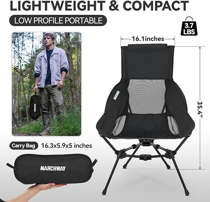 MARCHWAY Lightweight Folding High Back Camping Chair with Head Support Stable Portable Compact for Outdoor Camp Travel Beach Picnic Festival Hiking Backpacking (Highback Black)