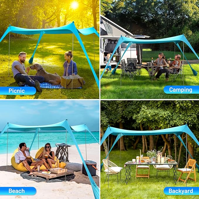 BOTINDO Family Beach Tent Canopy Sun Shade Pop Up Grande Beach Tent Sun Shelter Stability 4 Poles with Portable Carry Bag Outdoor Shade for Fishing Backyard Camping (Turquoise 10x10FT 4Pole)