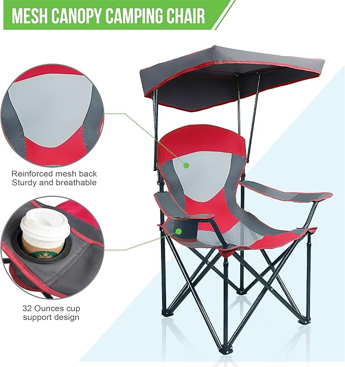ALPHA CAMP Heavy Duty Canopy Camping Chair 350 lbs Capacity Oversized Folding Chair with Adjustable Sunshade Portable Sunshade Chair with Cup Holder for Beach Fishing Outdoor