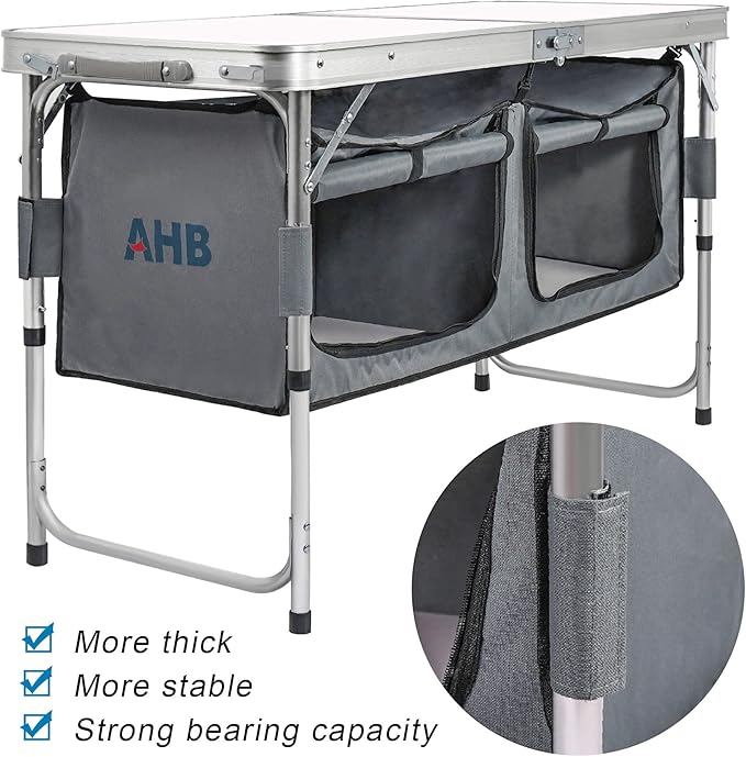 AHB Folding Camping Picnic Table with Storage Organizer Portable Foldable Aluminum Lightweight Adjustable Camp Table for Outdoor Camping
