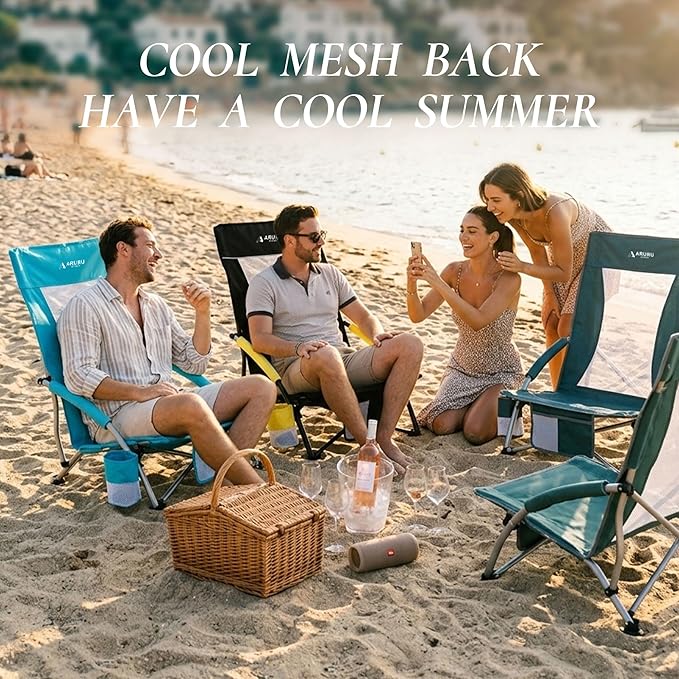 Low Beach Chairs for Adults 2 Pack High BackFolding Portable Sling Beach Camping Chair with Cup HolderLightweight Foldable Camp Lawn Chair for Outdoor Sand Concert Travel Sport Events