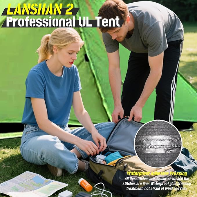 3F UL GEAR Lanshan 2 Person Tent Hiking Ultralight Camping Tent Professional 15D Silnylon Rodless Trekking Pole Tent Waterproof Backpacking Outdoor for Camping Bivvy