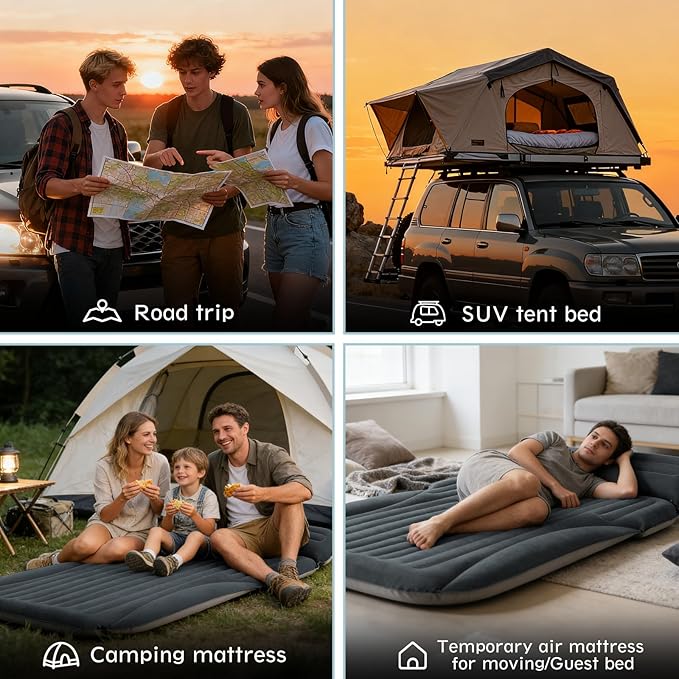 SUV Air Mattress Double-Sided Thick Flocked Car Air Mattress with Built-in Pump &amp Pillow Complete Sleeping Accessories for Auto Camping &amp Road Trips（Dark Gray）
