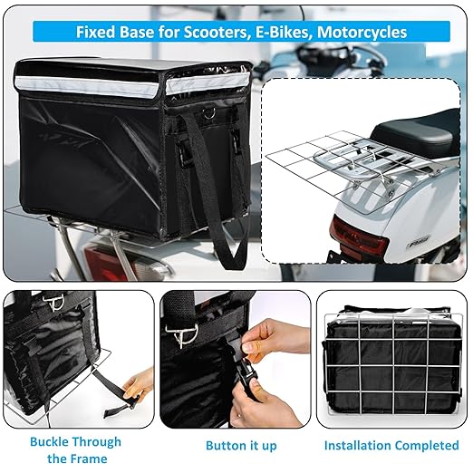 DEAYOU Insulated Food Delivery Bag for Bike Pizza Delivery Bag with Divider and Rear Rack Waterproof Thermal Catering Bag for Scooter Motorcycle 17.3x12.6x13.4 48L Fit 12'' Pizza Box Foldable