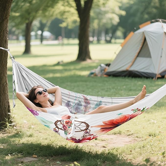 ALAZA Dreamcatcher Flowers Camping Hammocks Single or 2 Person 500 lbs Portable Parachute Travel Hammock w/Tree Straps for Hiking Backpacking Indoor Outdoor