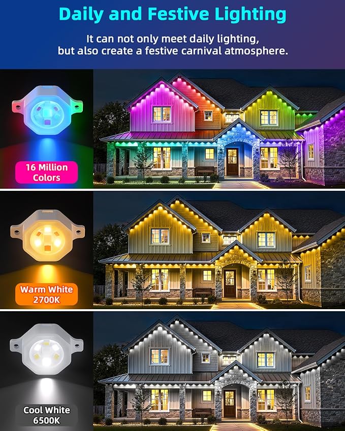 REYLAX Permanent Outdoor Lights Pro 150ft with 108 Triple-LED 135lm RGB+IC Smart Eaves Christmas Lights for House IP67 Waterproof Multi Scenes for Outdoor Decor Works with Alexa Google Remote