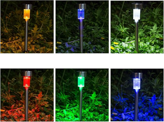 Solar Lights Outdoor - Garden Landscape Pathway Lights for Lawn Patio - Stainless Steel 12 Pack (6 Colors)