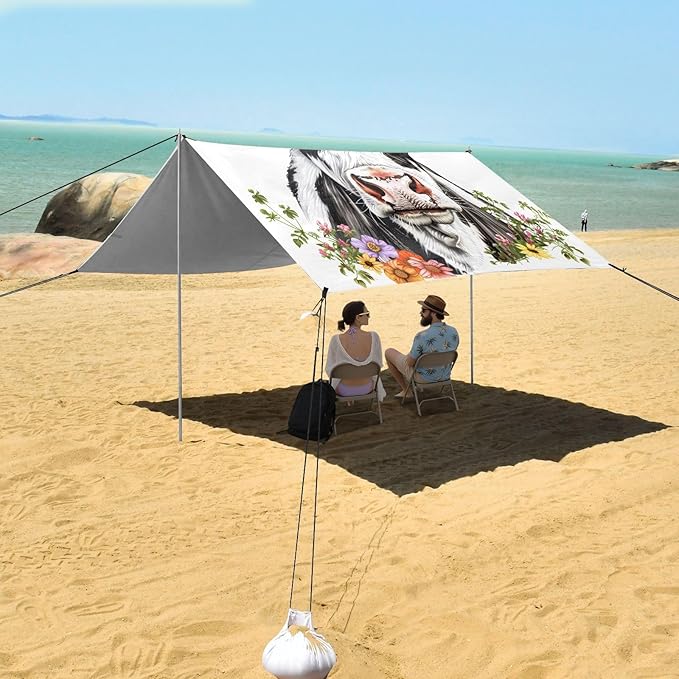 ALAZA Cow Daisy Flowers Beach Tent Sun Shelter UPF50+ Protection Beach Shade Canopy w/ 4 Sandbags for Outdoor Camping Fishing Backyard Fun Picnic 10x9 ft