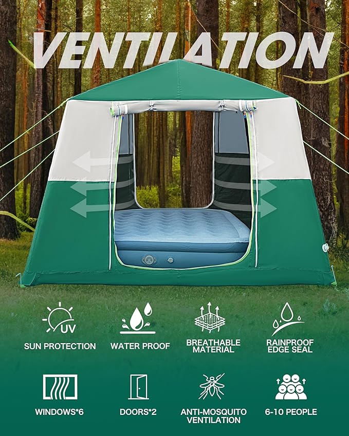 14.1'x6.5'x9' Inflatable Tents for Camping Portable 6/8/10 Person Blow Up Air Tent Waterproof Windproof Easy Setup Large Family Tent with 2 Doors 6 Windows Mosquito Screen