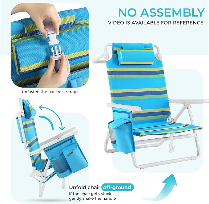 TLSUNNY 25 W Low Beach Chair for Adults W/5-Position Lay Flat &amp Cooler Pouch Folding Backpack Beach Chair W/Headrest Storage Bag Towel Bar Foot Mat for Camping350LBS(1 Blue/Green 8.9″)