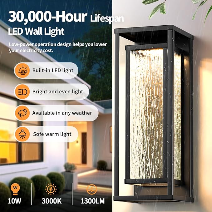 16'' LED Outdoor Wall Lights 2 Packs 3000K Porch Lights Outdoor Sconce Lights with Water Ripple Glass Modern Exterior Lighting Fixtures Outdoor Lantern Outside Lights for House Garage Patio Black