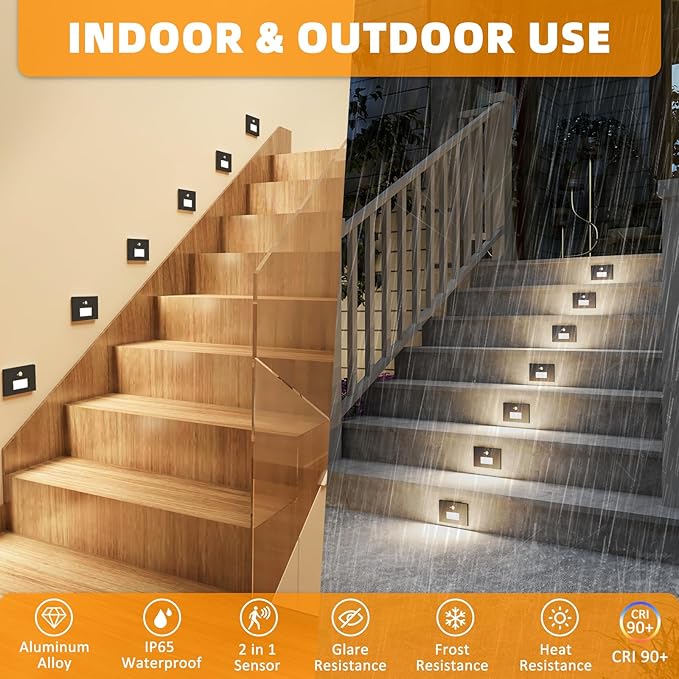 Motion Sensor Stair Lights Indoor Outdoor 5CCT Dimmable LED Step Lamp with Switch 4W 300LM 2700K-6500K IP66 Waterproof Hardwired 120V Stairway Staircase Walkway Lighting- Black 12 Pack ETL