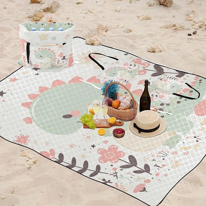 KLL Cartoon Dinosaur Childlike Doodle Style Pastel Colors Waterproof Picnic Accessories Water Resistant Grass Garden Mat for Ground Spring Gifts cobija para picnic