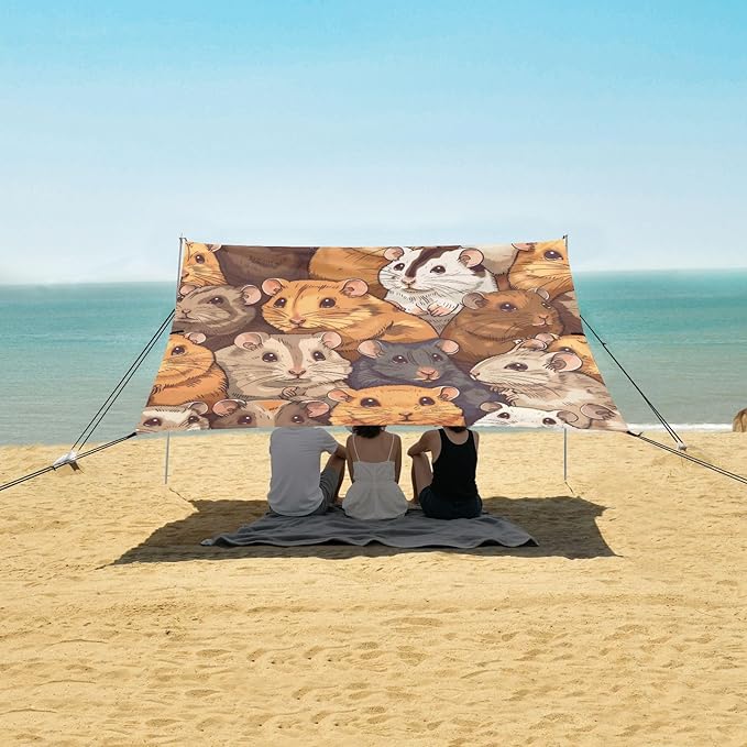 Cute Hamsters Beach Tent Sun Shelter 9.2' x 10.5' Beach Canopy with 4 Sandbags 4 Stability Poles Sand Shovels - Tent Canopy for Beach Camping Fishing Picnics