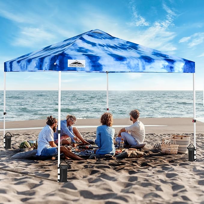 EAGLE PEAK Pop Up Canopy Tent with Wheeled Carry Bag 8 Stakes 4 Ropes 4 Weight Bags Easy Set Up Tent Canopy 10x10 ft 100sqft of Shade Tie Dye Blue