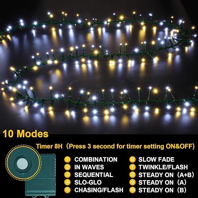 LAMPHOME 500 LED String Lights - Outdoor/Indoor Plug-in Twinkle Fairy Lights 46ft 500LED Warm White &amp White