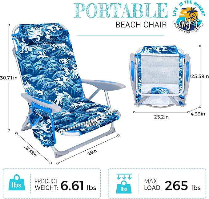 #WEJOY Lightweight Low 2 Pack Beach Chair for Adults 4-Position Aluminum Folding Camping Chairs with Shoulder Strap Cup Holder and Padded Headrest Supports 265lbs for Lawn Outdoo Darkblue/White
