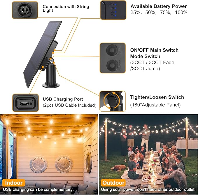 Mlambert 2 Pack Each 48FT 3-Color in 1 Solar String Lights Outdoor Dimmable Patio Lights with Remote 30+5 Waterproof LED Bulbs for Cafe Bistro Yard