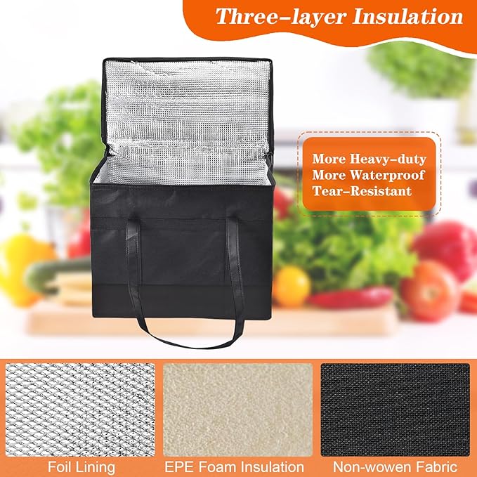 4-Pack Insulated Food Delivery Bags – 2 XXXL &amp 2 XL Reusable Hot &amp Cold Thermal Bags with Removable Base Plates – Catering Pizza Delivery Grocery &amp Travel