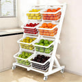4-Tier Rolling Snack Rack Display Stand Adjustable Metal Shelves for Fruit &amp Vegetable Storage Versatile Retail Organizer for Home Kitchen &amp Market (White)