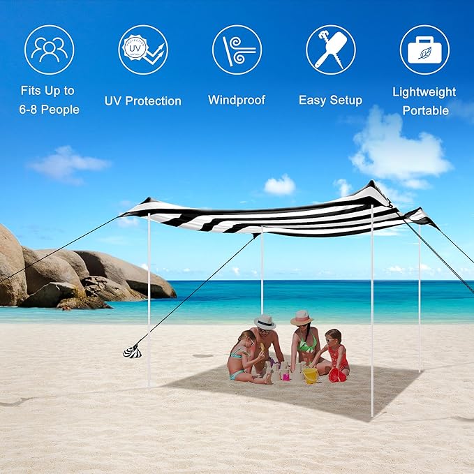Beach Tent Beach Canopy Sun Shade UPF 50+ Portable 10×10 FT Camping Sun Shelter with Sandbags Poles Ground Pegs and Anti-Wind Ropes for Outdoor Backyard Picnics Fishing-Black Stripe