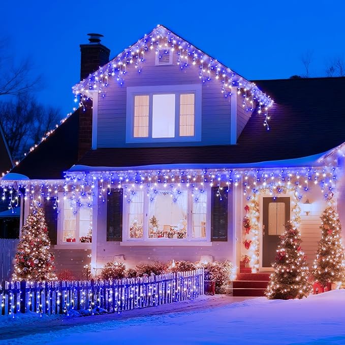 XURISEN 66ft Christmas Lights Decorations Outdoor 640 LED 8 Modes Curtain Fairy Lights with 120 DropsPlug in Waterproof Timer Memory Function for Christmas Holiday Wedding Party Decor(Blue+Cool)